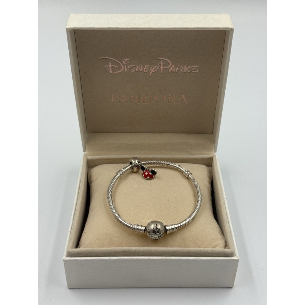 Pandora Disney Parks Silver Bracelet with Minnie Mouse Ear Hat Charm & Box